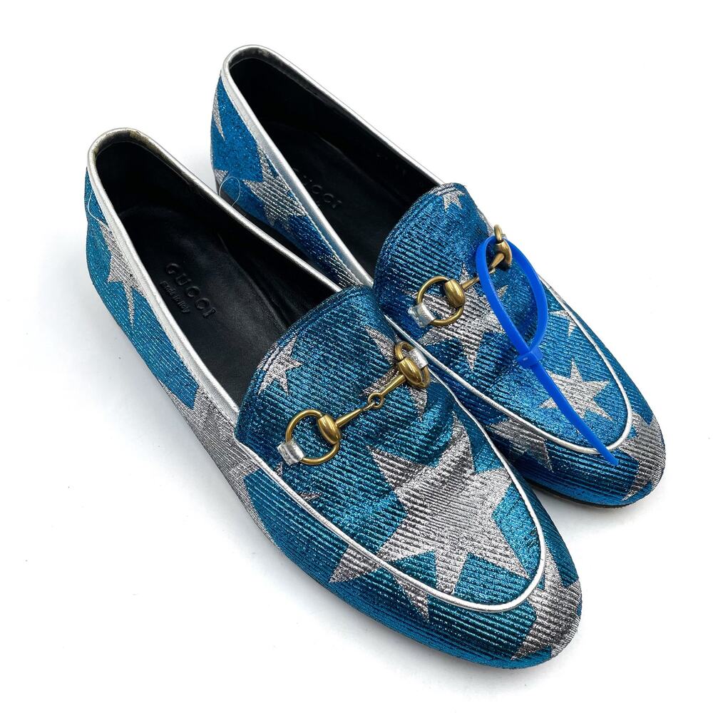 Gucci Jordaan Starry Sky Loafers Blue Metallic Silver Horsebit Leather Sz 37 / 7 - Picture 2 of 12